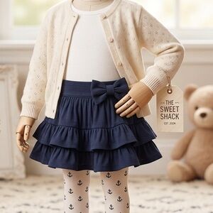 Girls Lili Gaufrette Navy Tiered Ruffled Skirt with Bow- size 8 years